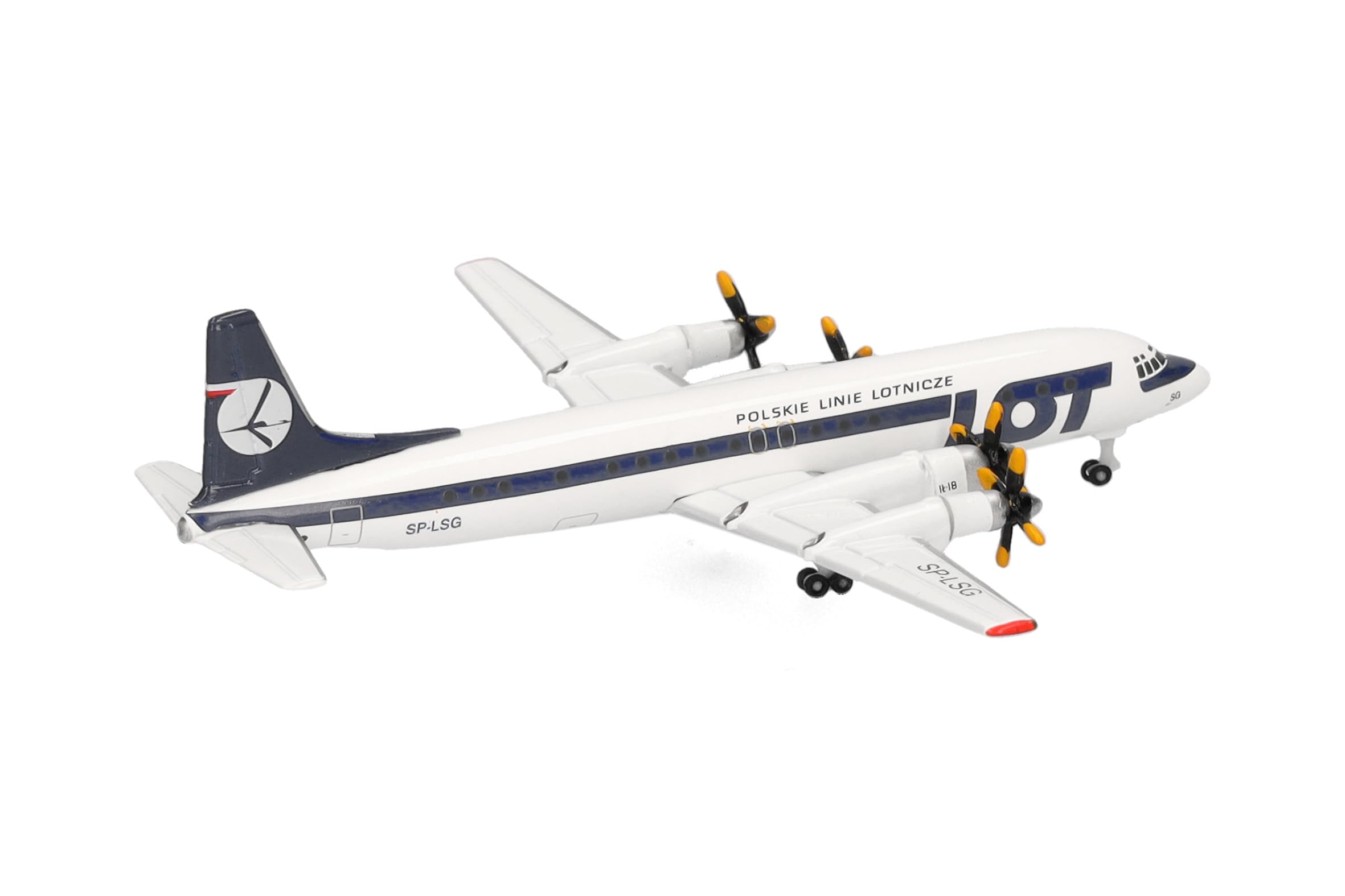 Herpa model samolotu LOT Polish Airlines Ilyushin IL-18 (późne barwy), miniatura w skali 1:500, model kolekcjonerski, model samolotu bez podstawki, metal