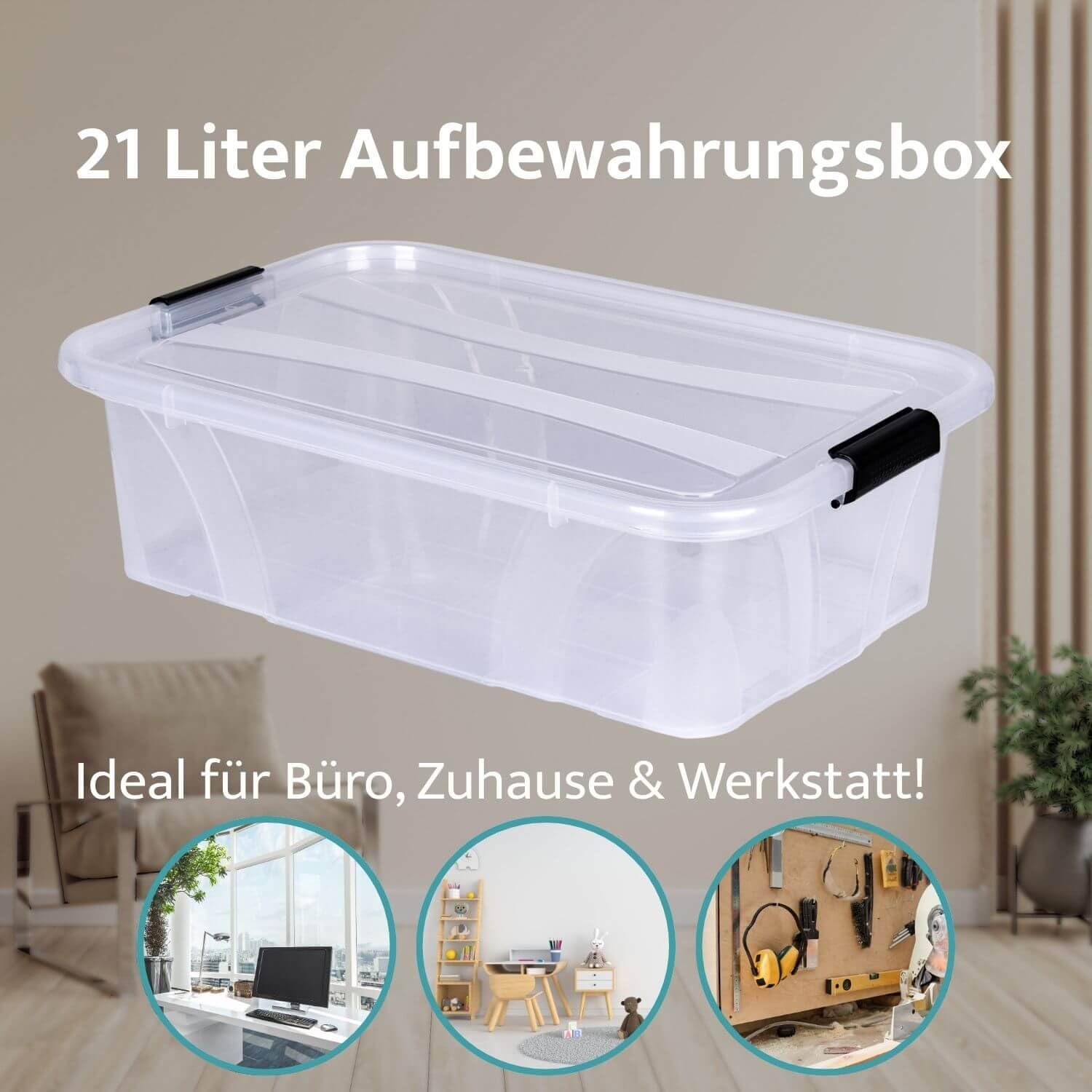 Aufbewahrungsbox + Deckel 5er Set, transparent versch. Gr. stapelbar | Lebensmittelbox Transportbox Vorratsbox Lagerbox Wäschebox Kunststoffbehälter Campingbox Wohnmobilbox (L51xB38,5xH14,8cm - 21l)