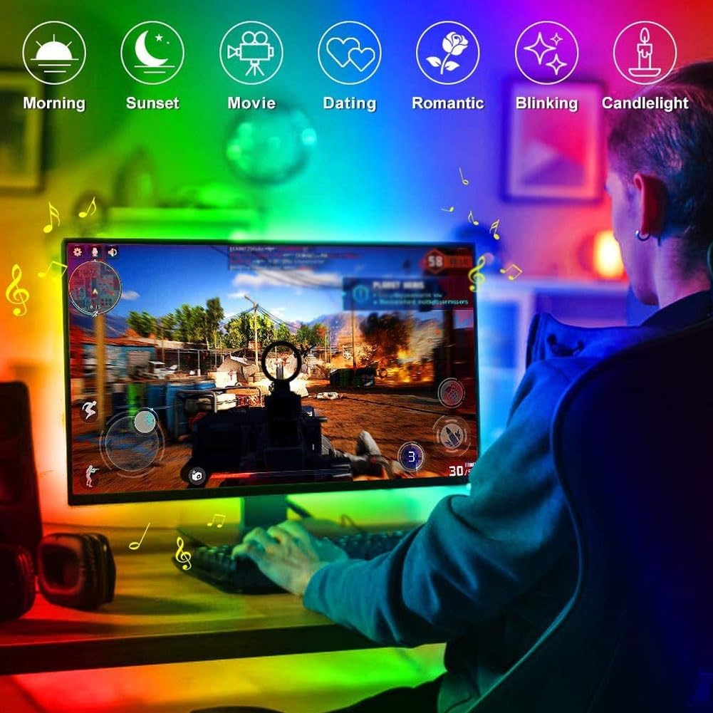 Barra de luz LED RGB para juegos, iluminación ambiental alimentada por USB para televisores y computadoras, control de aplicación Bluetooth, tira de retroiluminación de sincronización de música