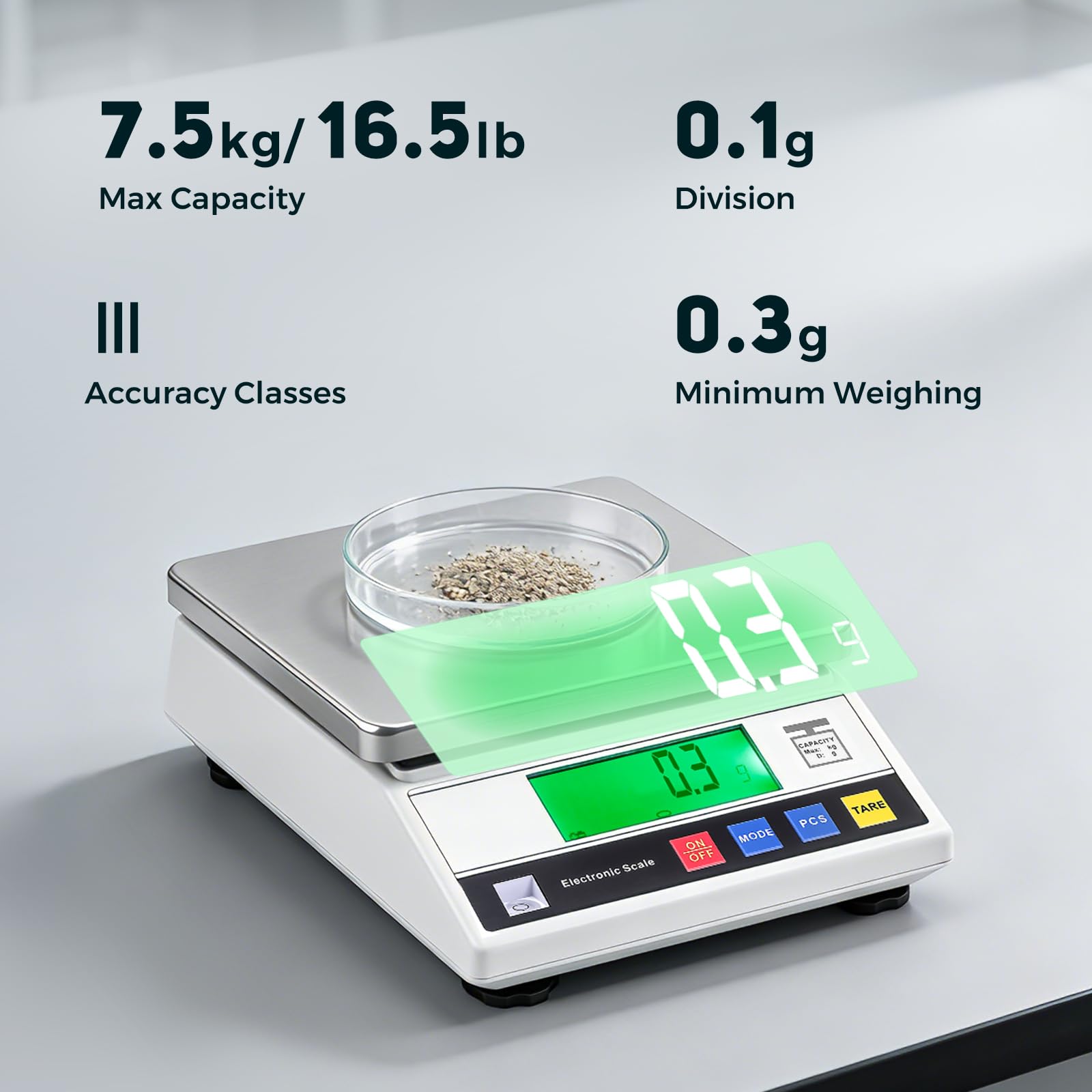Bonvoisin Bilancia di Precisione 7500g/0.1 g, Bilancia di Contapezzi Industriale con 13 Unità di Conversione, Bilancia di Analisi Digitale Laboratorio per Gioielli e Scuola con Certificazione CE