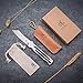 KATSU Camping Pocket Folding Japanese Knife, Titanium & Carbon Fiber Handle, Frame Lock, Stonewashed Cleaver Razor Blade, Leather Sheath