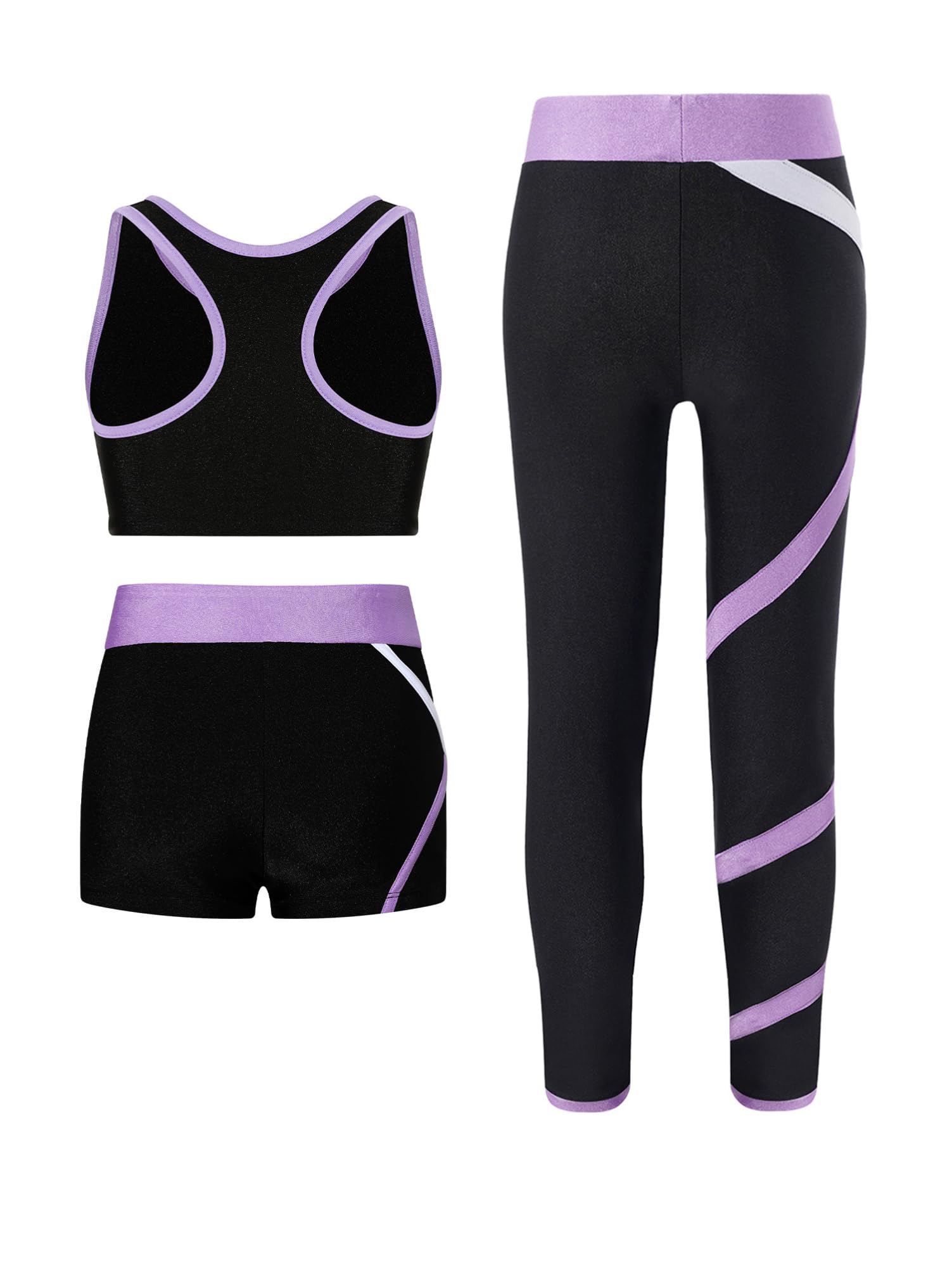 Alvivi Dziecięcy dres treningowy 3-częściowy, sportowy biustonosz + szorty + legginsy, strój do joggingu, gimnastyka, joga, zestaw sportowy, lawendowy, 134-140