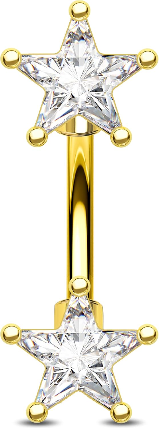Melighting 16G Gold Star Rook Piercing Bar, 6/8 mm Rook Earring with Clear CZ, 316L Stainless Steel Stylish Eyebrow Lobe Piercing Jewellery for Daily Wear Women
