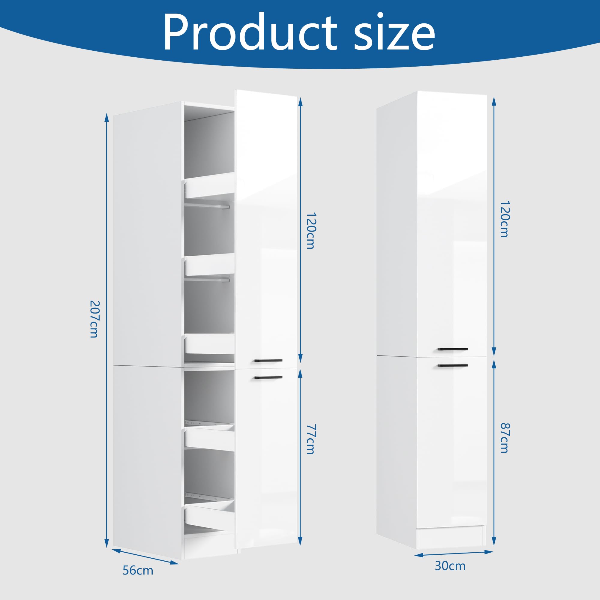 MSFE 207cm Meuble Haute de Cuisine, Meuble de Rangement Mince étroit à Tiroirs Coulissants,Moderne pour Pharmacie de Cuisine, Armoire Cuisines,207 * 56 * 30cm,Beaucoup d'espace de Rangement,Blanc bri