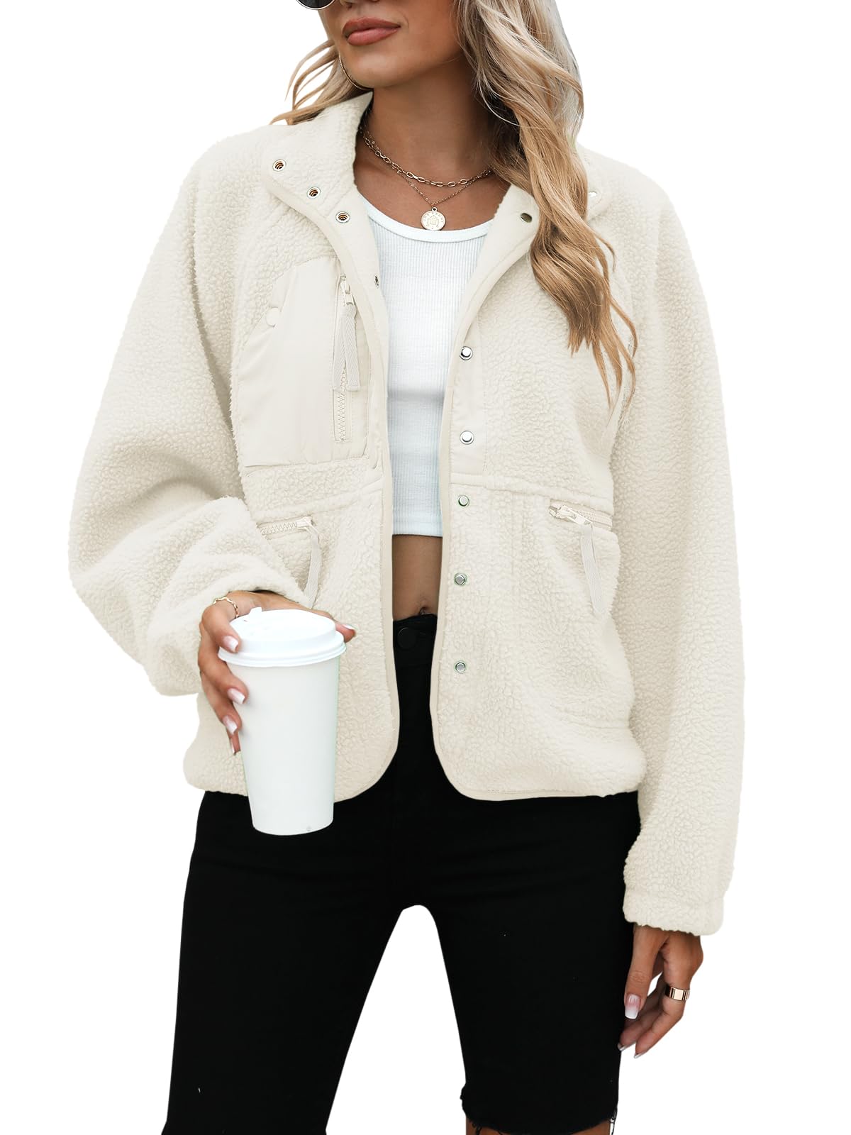 Yanekop Womens Fleece Jacket Fuzzy Long Sleeve Short Winter Coats Button Down Sherpa Jacket Outerwear with Pockets