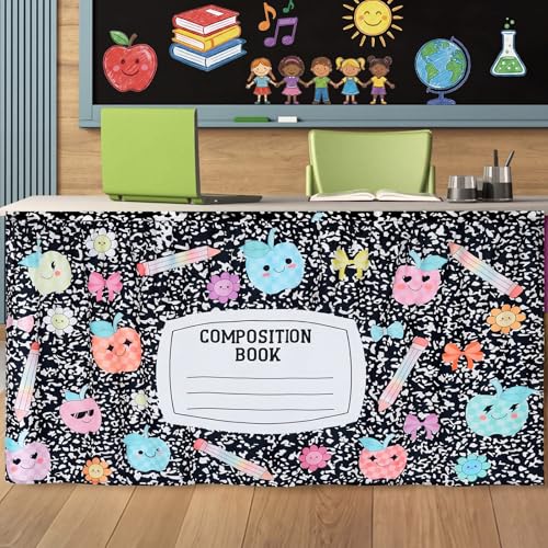 VitalCozy - VitalCozy Teacher Desk Skirt - Pastel Apple and Composition Book Classroom Decor for Teacher Table & Bookcase (28" W x 51" L) (9% Off Amazon Deal)