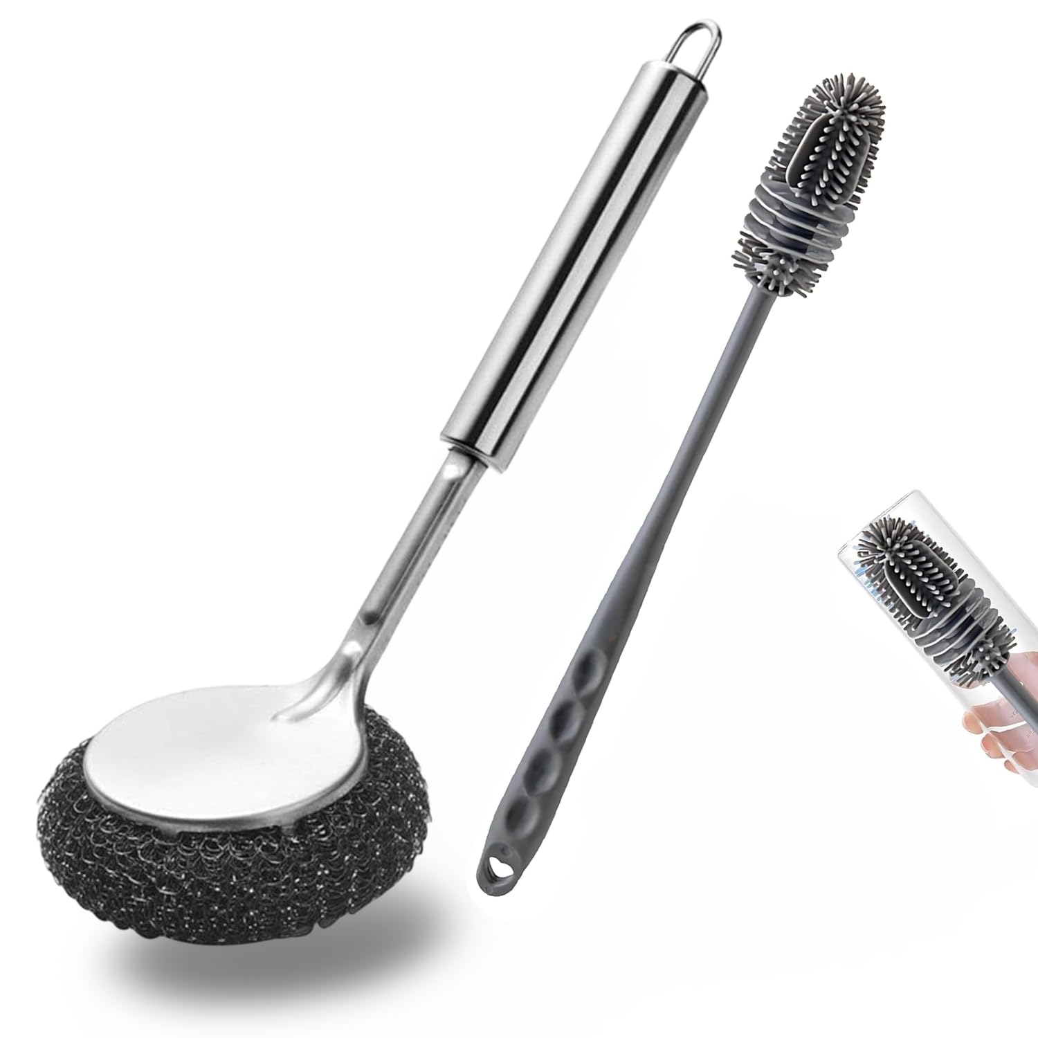 JAY EMPIRE Bottle Jar Toilet Cleaner Brush Scrubber with Long Handle Scrub Multipurpose Gap Cleaning Wire Scrub- Steel Handle and Silicone Bottle Cleaning Brush (Grey), (Pack of 2)-image-46