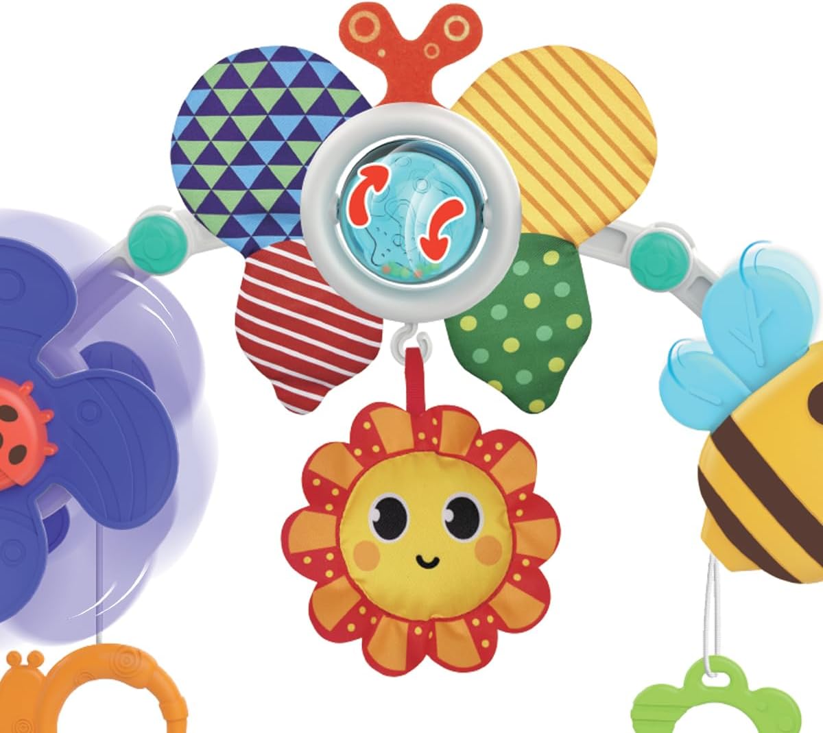 Maxi Baby Móbile Arco com Chocalho Interativo Spring, Encaixe Universal para Carrinho, Berço, Bebê conforto, Cadeiras - Cores Vibrantes e Formatos da Natureza