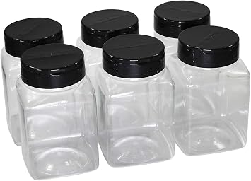 Pinnacle Mercantile Plastic Spice Jars 6-Pack Square Large 17 oz.Clear Containers Sifter Shaker Spoon Lid Refillable for Seasonings, Herbs, BBQ, Spices