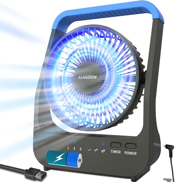 ALAGOON Portable Desk Fan, D Battery Operated Fan for Hurricane, Powered Fan by USB Cable 214H Long Lasting with Timer 6'' Portable for Outdoor Camping Quiet 3 Speeds for Office Bedroom(Blue)