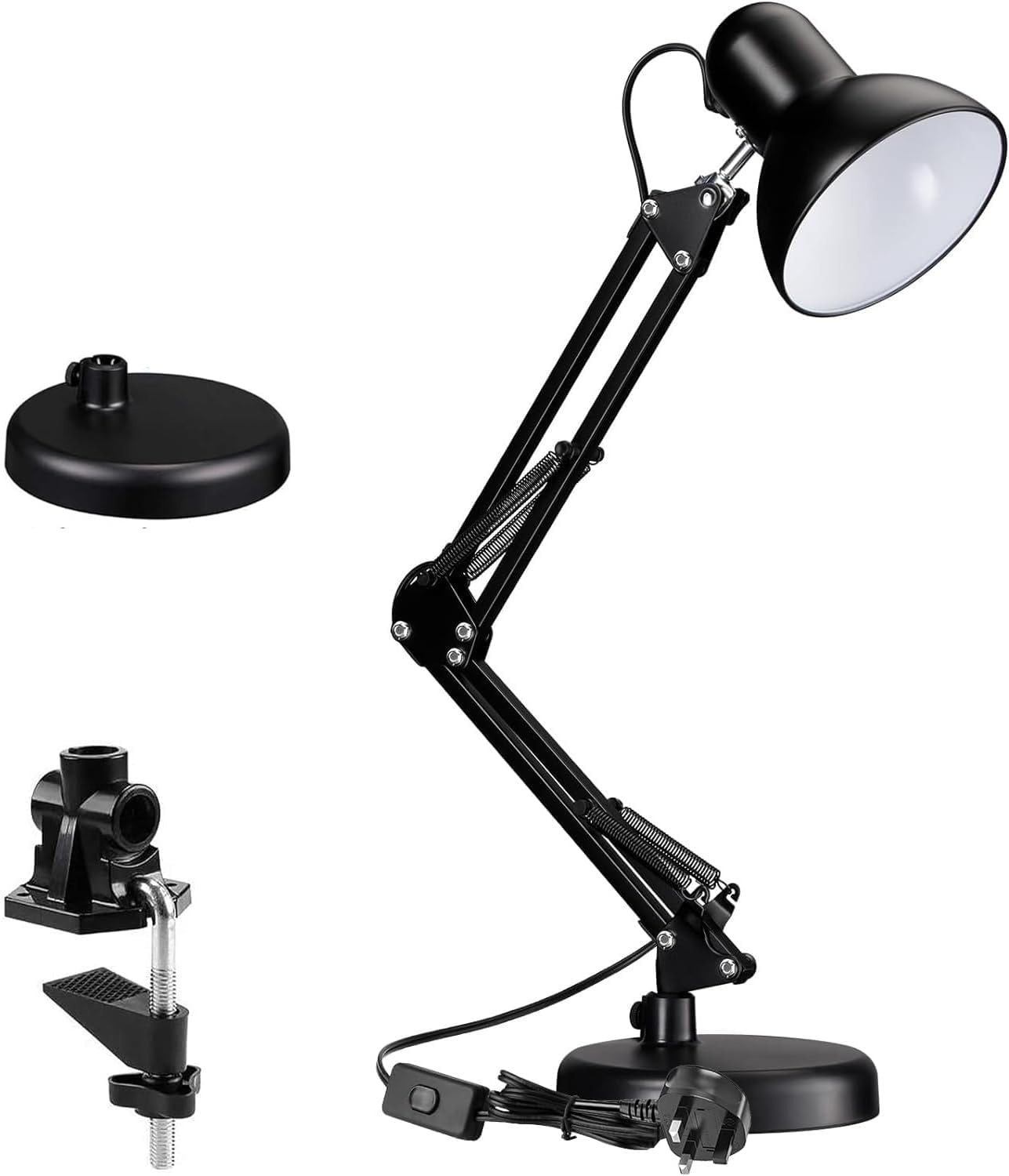 Metal Desk Lamp, Metal Swing Arm Desk Lamp Interchangeable Base Or Clamp Classic Architect Clip On Eye-Caring Study Table Lamp Multi Joint Adjustable Arm for Home Office, Work, Study, Reading
