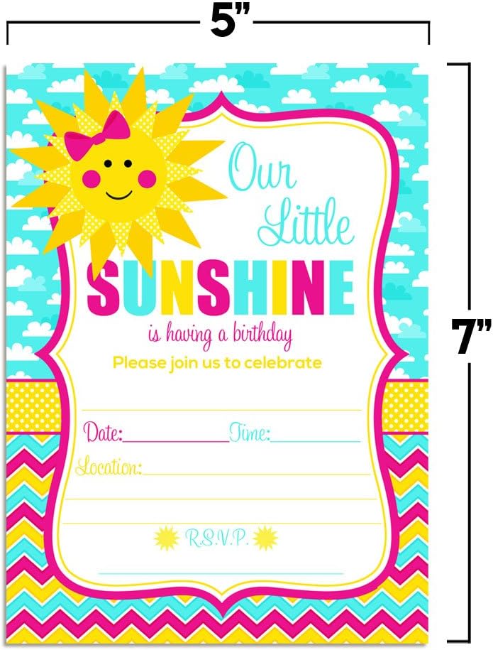 Amanda Creation Ray of Sunshine Girl Birthday Party Fill In Invitations, set of 20 including envelopes