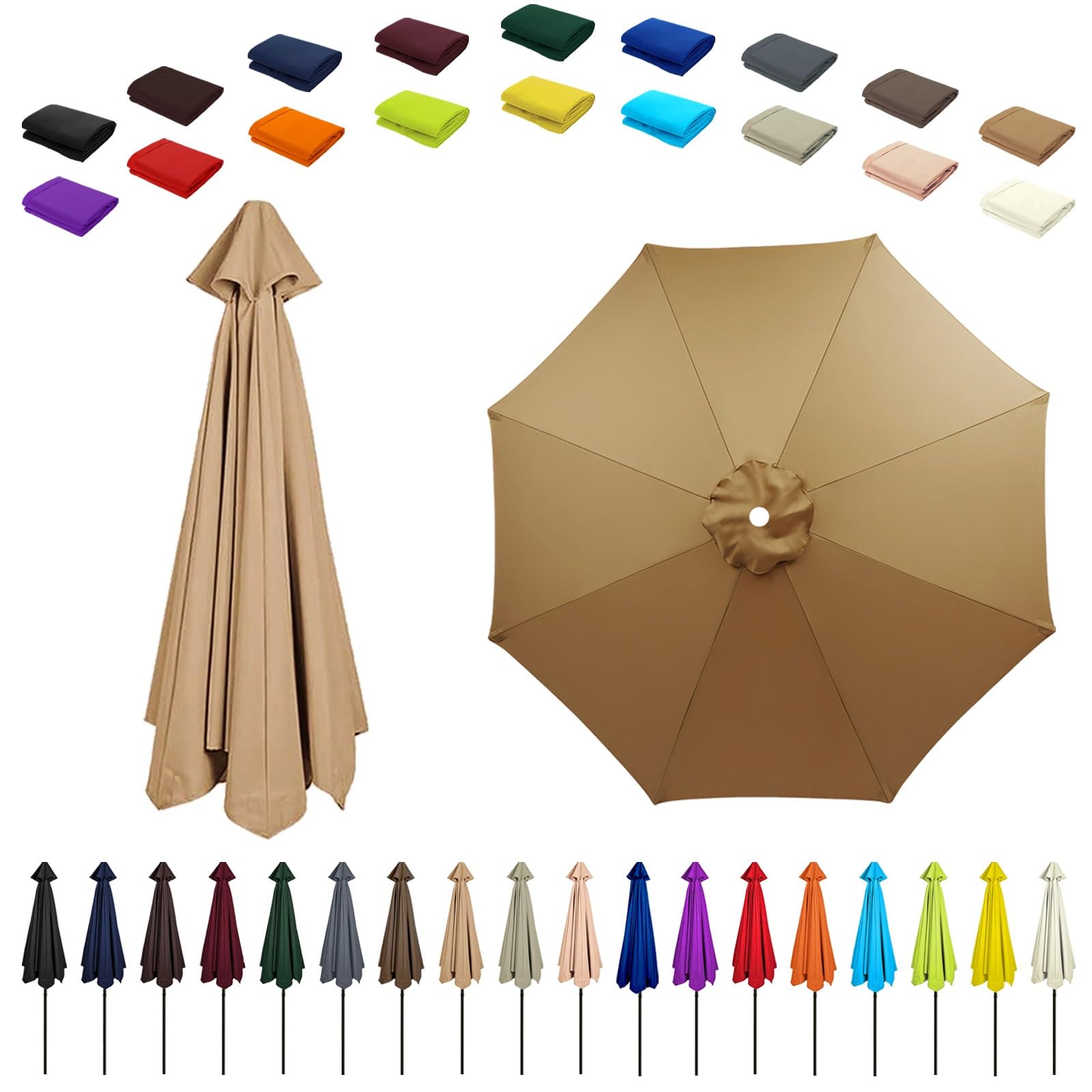 6/8 Ribs Umbrella Replacement Top, Parasol Replacement Canopy, Replacement Parasol Fabric Cover, Breathable/UV Protective, For Patio/Market/Yard/Backyard/Pool/Market(Khaki,8 ribs: 2.30m/7.5ft)