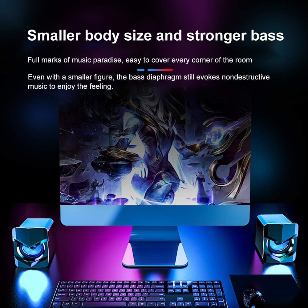 Computer Speaker with Super Bass, USB Powered, Desktop Hi Fi Stereo Surround Sound, 3.5mm Audio Port, Computer Speakers with Atmosphere Lighting for Home Office 158 Mini Speaker Bass Black