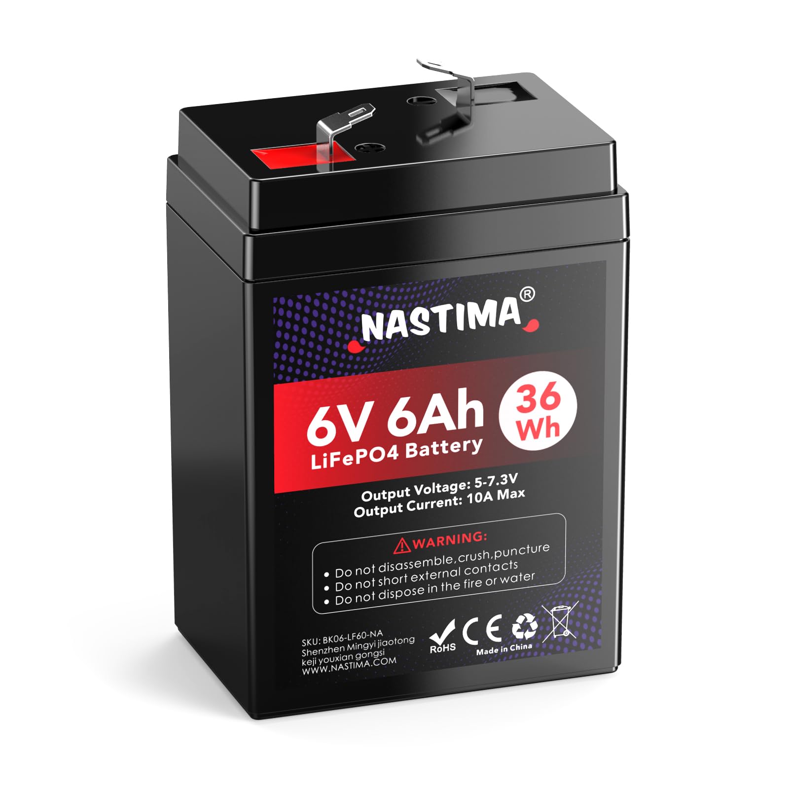 NASTIMA Batterie Rechargeable 6V 6Ah LiFePO4 avec Protection BMS et Cycle Profond 2000, adaptée aux Kits de Éclairage Électrique de Secours, Voitures Jouets pour Enfants, Bateaux à Moteur, Camping