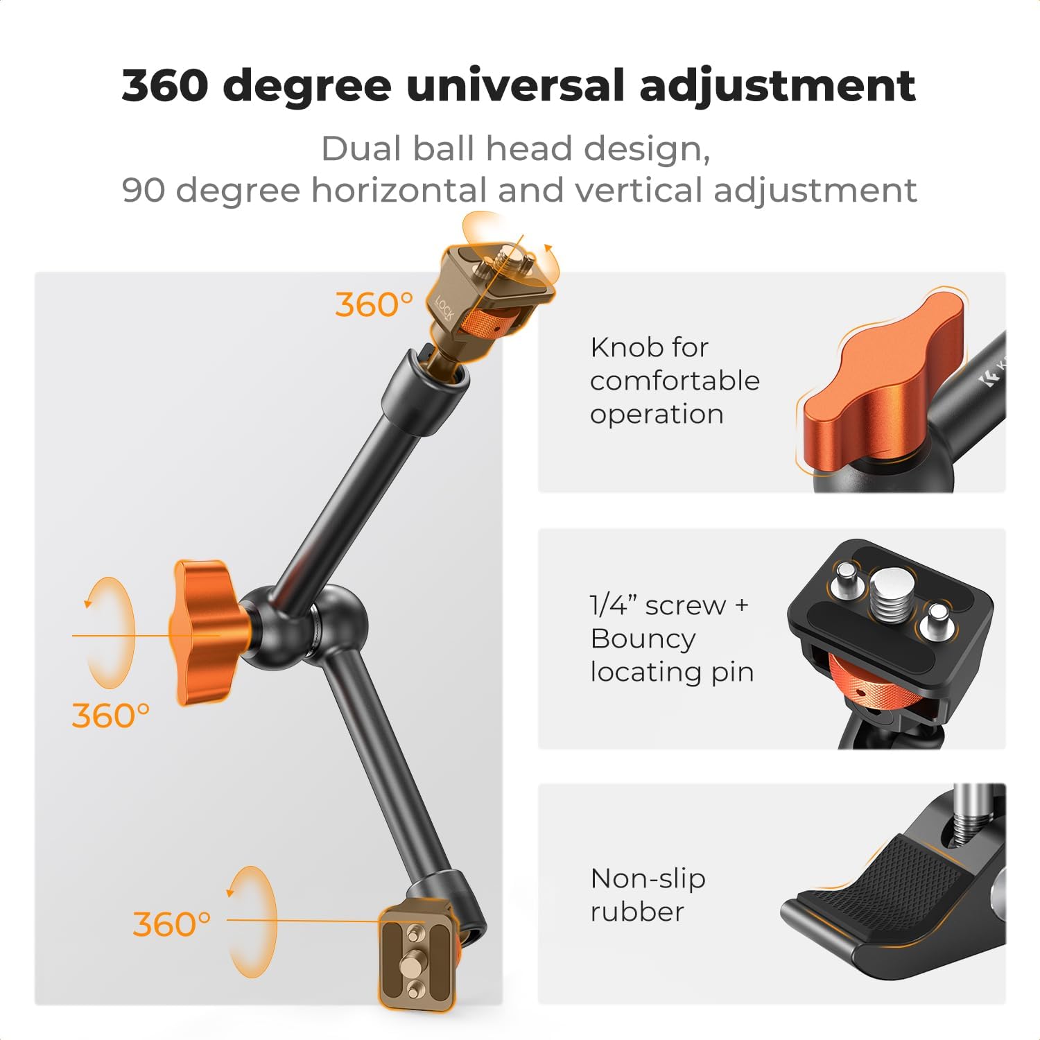 K&F CONCEPT 11" Magic Arm Clamp Kit with ARRI 1/4" & 3/8" Thread Screw, 360° Ball Heads Arm with Clamp Mount for DSLRs, Camera Cage, Monitor, LED Light, Webcam, Action Camera - Image 3