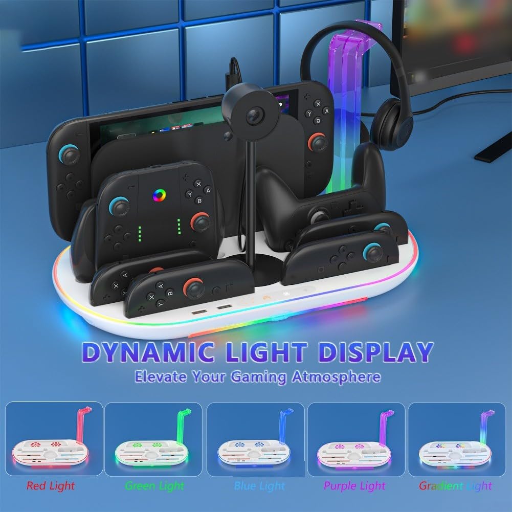 Ladestation für Nintendo Switches 2 Konsole mit integriertem Lüfter, 7 Kartenspeicher, Controller-Organizer, Dock, 9 RGB-Lichtmodi, ABS-Material, Gaming-Zubehör, Ständer (weiß)
