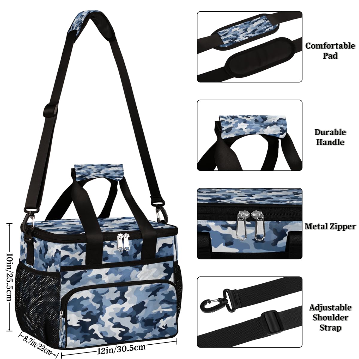 Camo Skin Insulated Picnic Backpack Lunch Box for Women Men Picnic Basket Tote Lunch Bag Picnic Bag Portable Lunch Bags for Picnic, Beach, Work, Trip,Office, Camp Blue White Camouflage