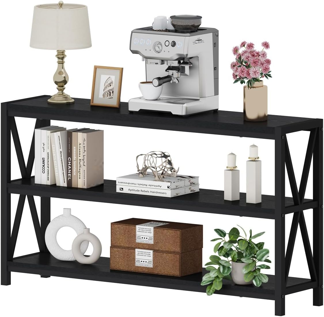 FATORRI Console Table for Entryway, Long Sofa Table with Shelves Under Window, Wood and Metal Hallway Tables for Foyer (55 Inch, Black)