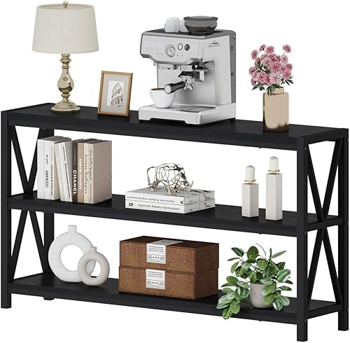 FATORRI Mesa consola para entrada, mesa de sofá larga con estantes debajo de la ventana, mesas de pasillo de madera y metal para vestíbulo (55