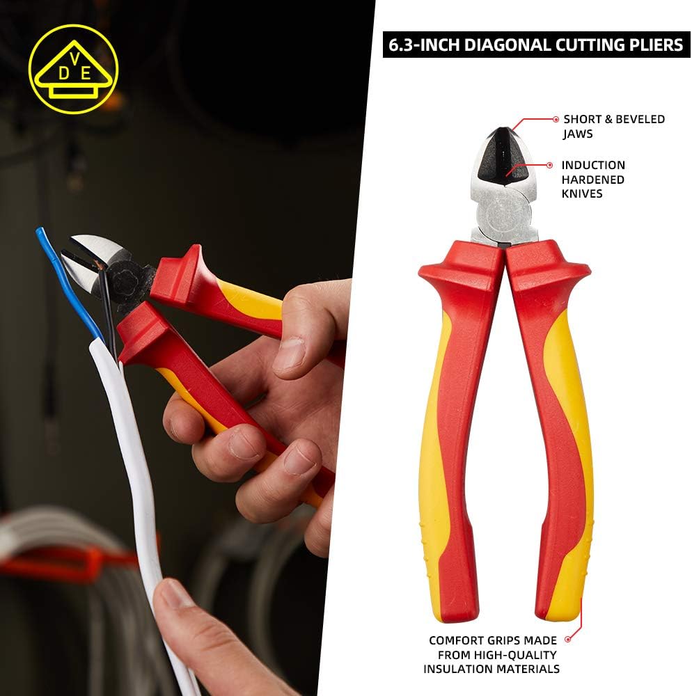 AKM 4-Piece 1000V VDE Insulated Tools Set - Pliers Set With Tongue & Groove, Diagonal Cutting, Long Nose, and Linesman Pliers