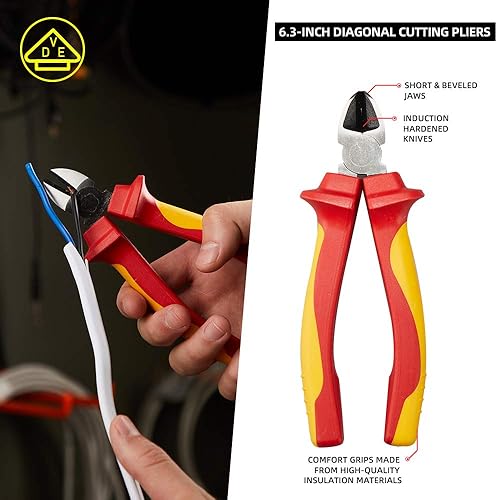 Miniatura 7 de AKM Juego de 4 herramientas aisladas VDE de 1000 V - Juego de alicates con lengüeta y ranura, corte diagonal, nariz larga y alicates Linesman