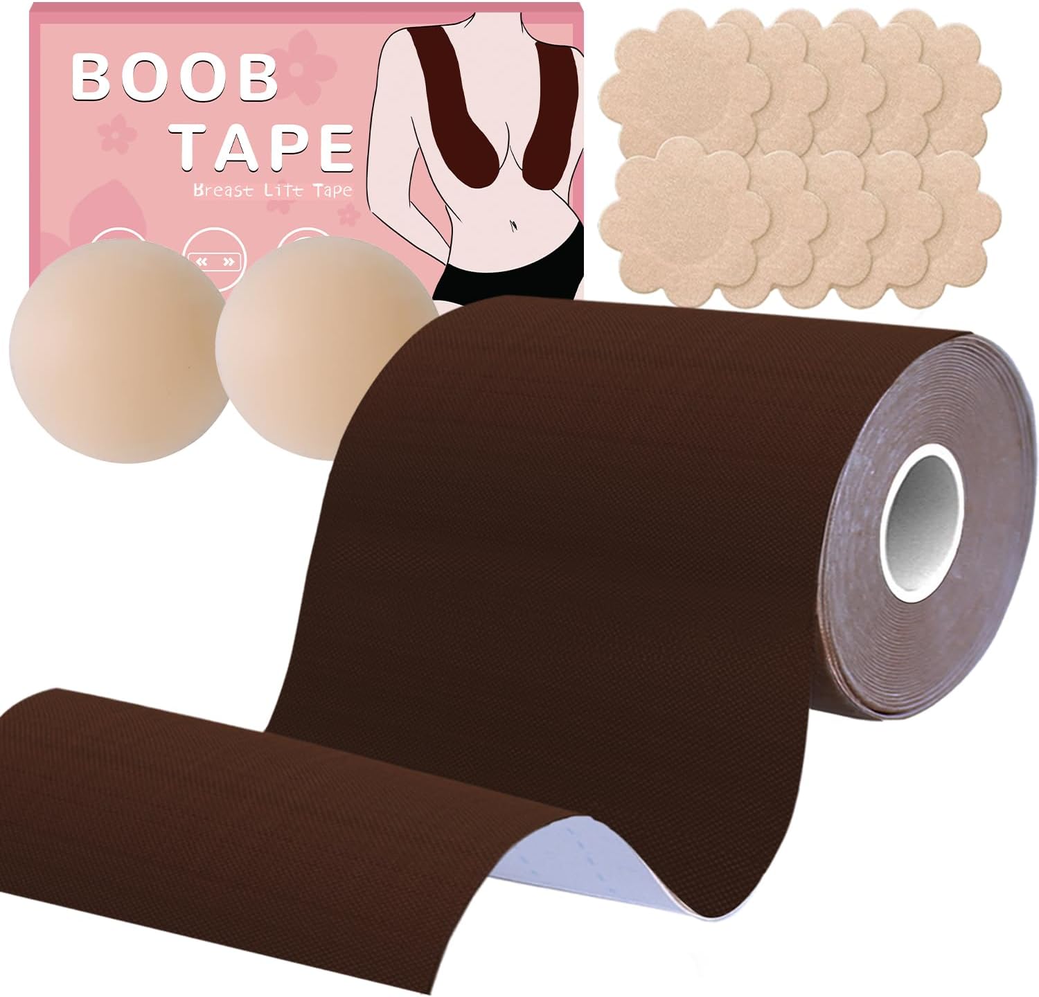 XL Boob Tape, Boobtape for Large breasts, 5 inch Wide Breast Tape Lifting Plus Size Breast Lift Tape with 2 Reusable Nipple Covers 10 Satin Nipple Pasties Brown