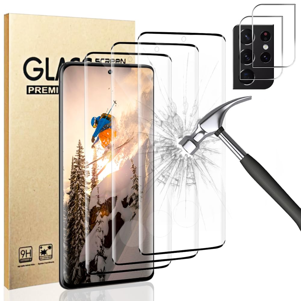 3+2 Pack Galaxy S21 Ultra Screen Protector + Camera Lens Protector,3D Full Coverage HD Tempered Glass Screen Protector,9H Hardness,Supports Fingerprint Unlock,For Samsung Galaxy S21 Ultra