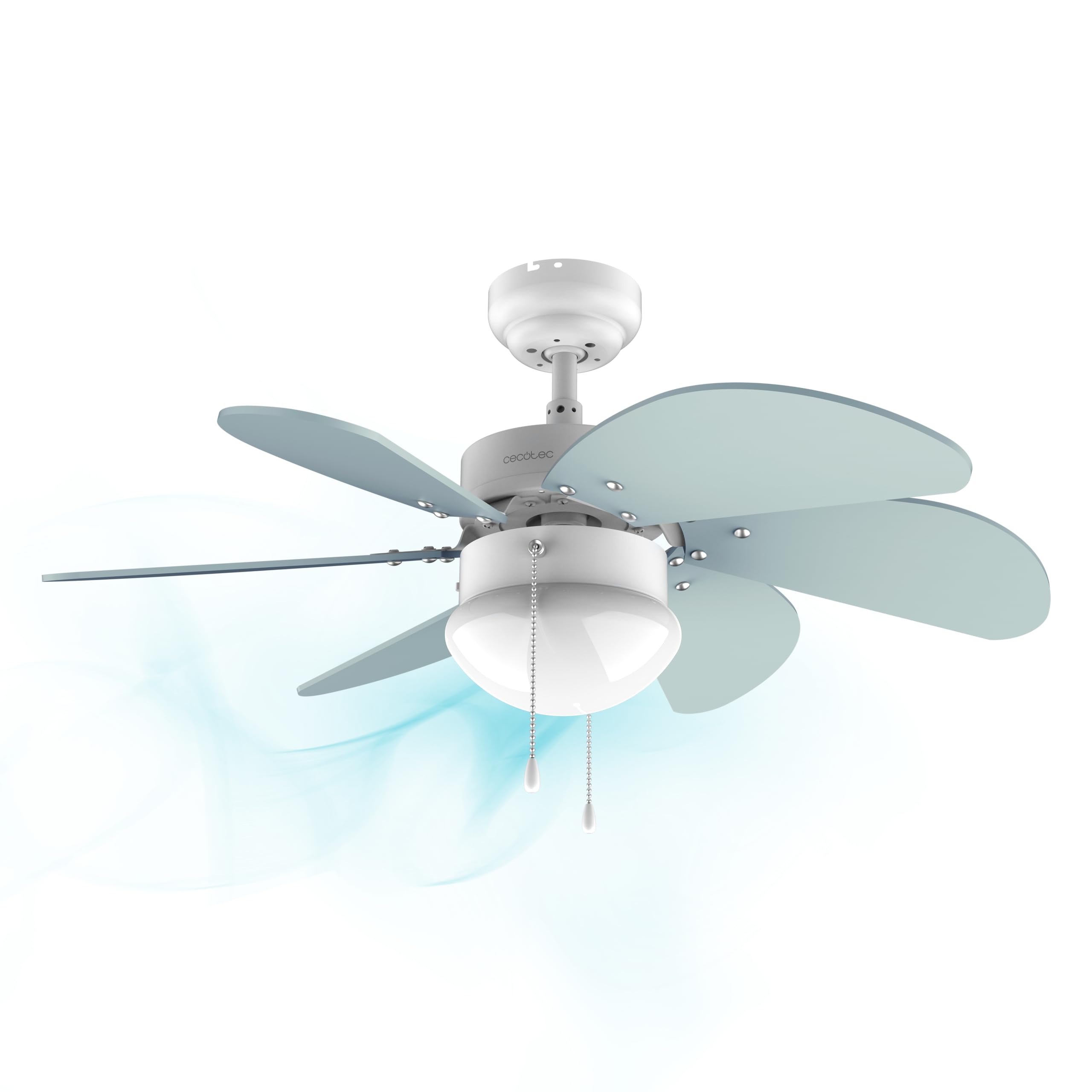 Cecotec Ventilador de techo EnergySilence 3600 Vision Sky. 50 W, Diámetro 92 cm, Lámpara, 3 Velocidades, 6 Aspas reversibles, Función Verano/Invierno, Interruptor de Cadena, Blanco/Azul