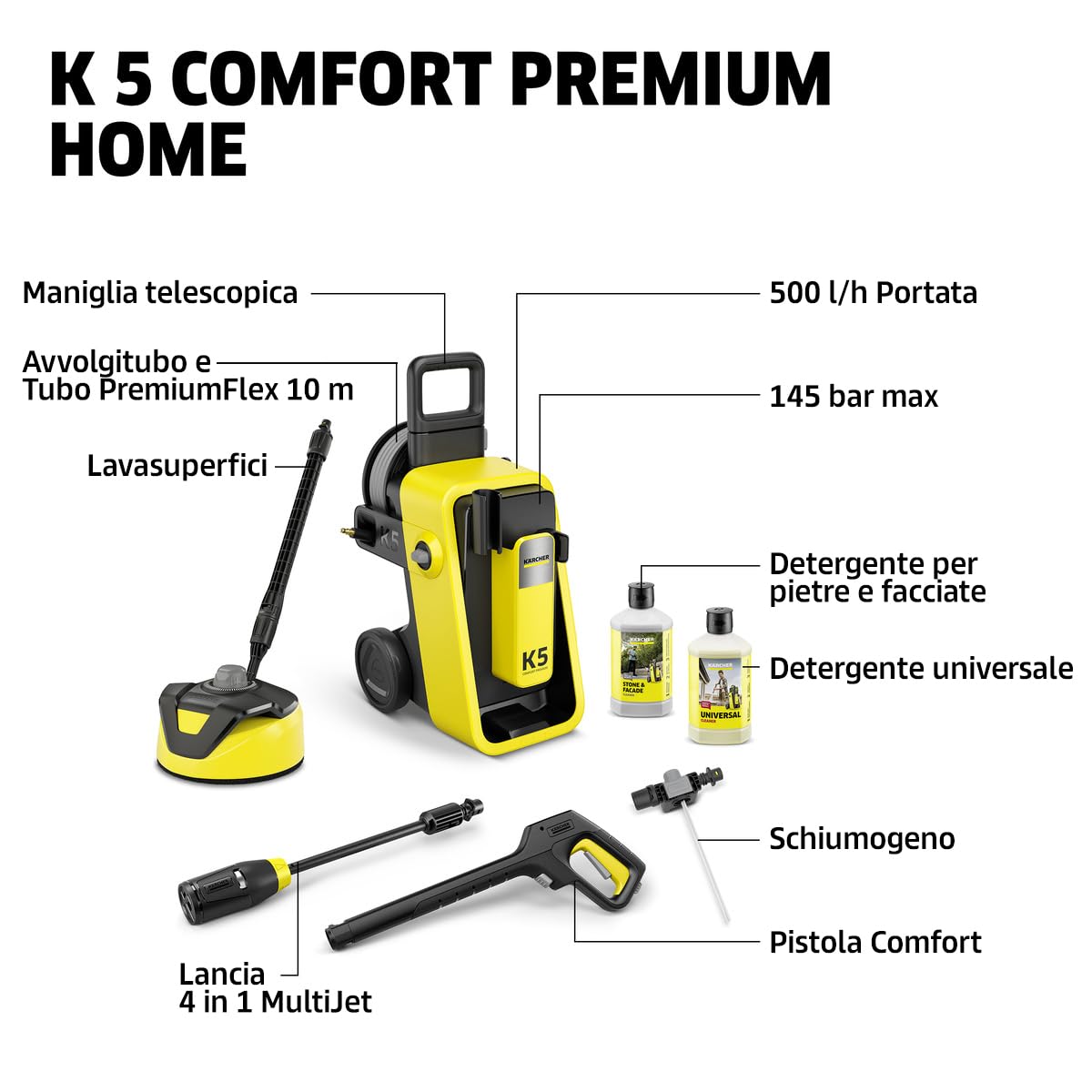 Kärcher idropulitrice K 5 Comfort Premium Home, pressione: 145 bar, portata: 500 l/h, superficie: 40 m²/h, peso: 18 kg, tubo ad alta pressione extra flessibile, avvolgitubo, Multi Jet 4-in-1, Home Kit