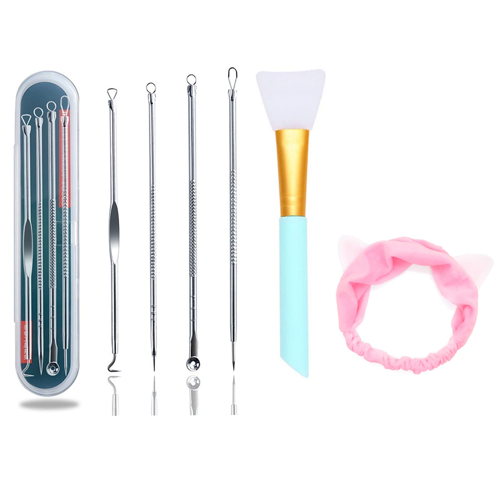Blackhead Remover Tool Kit, Silicone Face Mask Brush, Facial Beauty Tool, Blackhead Remover Tool Kit, 4 Pieces Comedone Extractor Tool Blemish Whitehead Removal Acne Needle Pimple with Headband