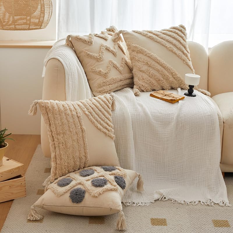 1/2 szt. beżowe pikowane boho poszewki na poduszki 45 x 45 cm frędzle kwadratowe lniane poszewki na poduszki vintage rustykalna poszewka na poduszkę na sofę wewnątrz