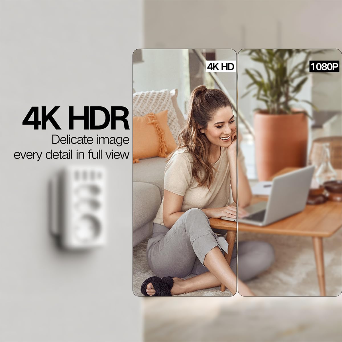 Enchufe multifuncional WiFi cámara. Lente 4K UHD Visualización remota a través de la aplicación, Almacenamiento en tarjeta SD. Toma eléctrica ideal para interiores o viajes (sin audio)