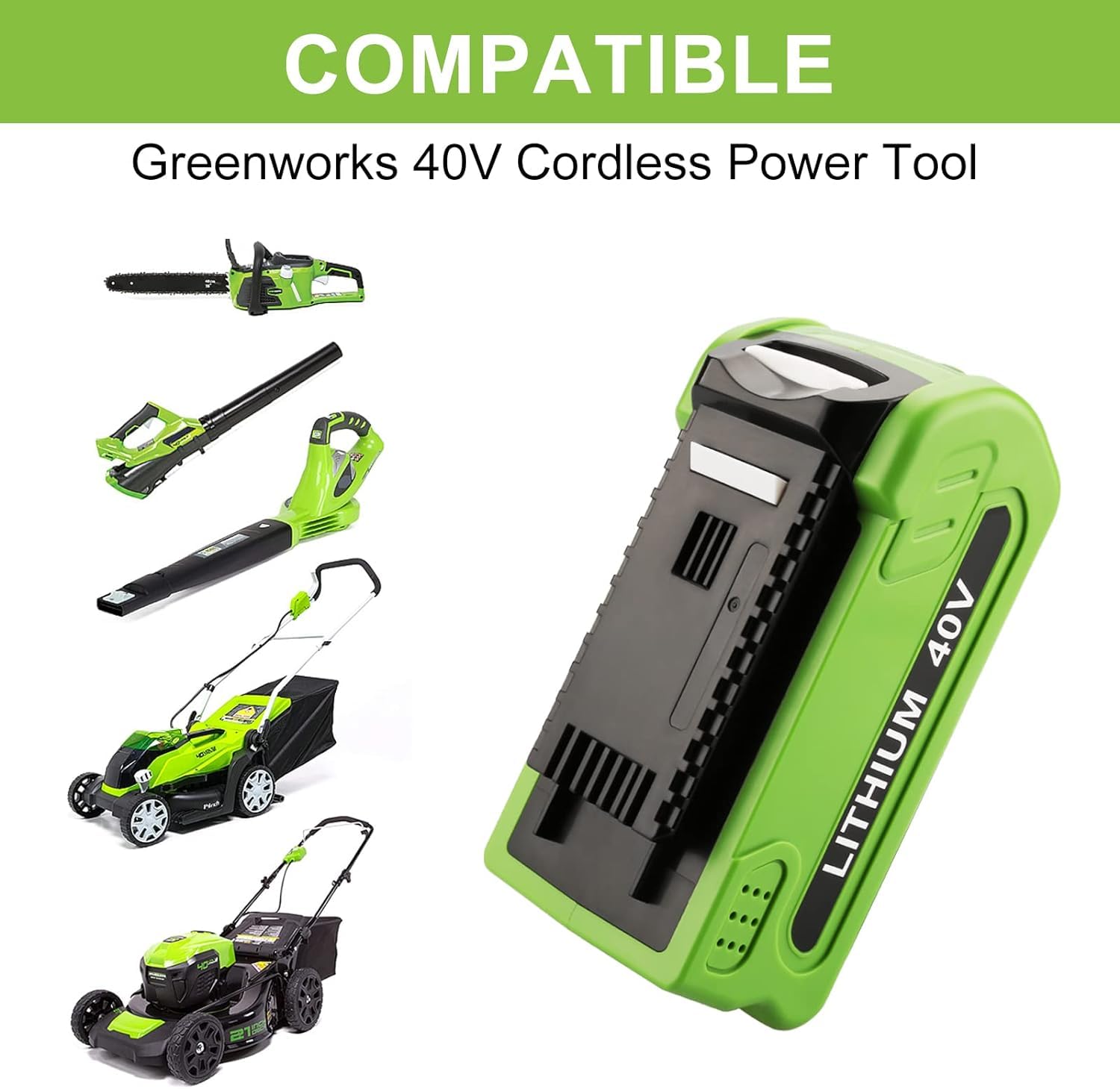 Batería de repuesto de 40 V para Greenworks 40 V 2.0 Ah, compatible con todas las herramientas eléctricas G-MAX de 40 V G40B2 G40B4 G40B5 G40B25 29462 29472 20202 20302 25312 25322 (capacidad real)