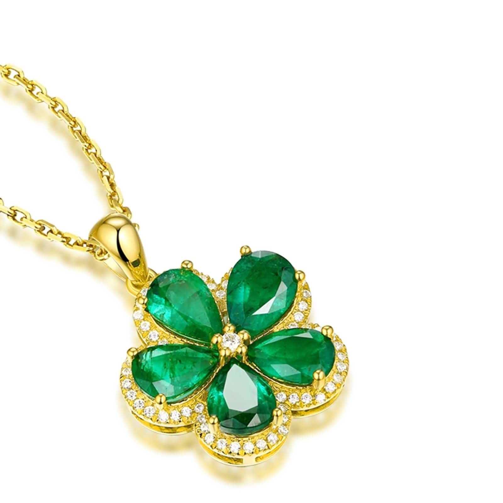 Ciondolo per Collana Oro Vera, Collana Fidanzati Donna con Smeraldo Sintetico 2 Carati e Diamante Sintetico, Gioielli Pietra Portafortuna