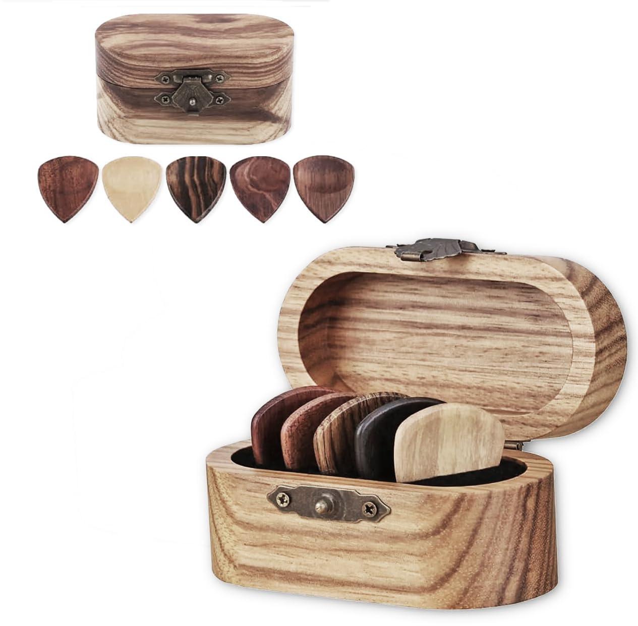 Strungout Premium Guitar Pick Storage Box – Natural Wood Plectrum Display Chest with Optional Picks, Gift Box or Engraving (Wooden Storage Chest & 5 x Wooden Picks)