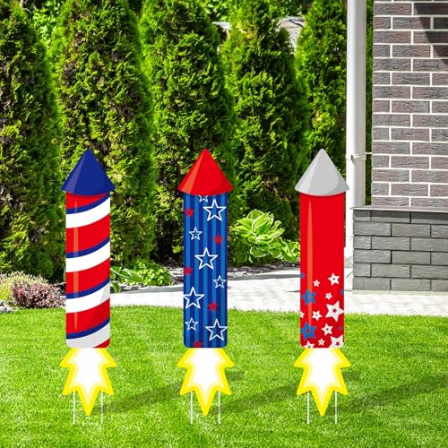 Memorywuu 3 Pcs 4th of July Outdoor Yard Signs Patriotic Lawn Firework Decorations 250th Anniversary Independence Day Red White Blue Signs Holiday Party USA Memorial Day Veterans Celebration Yard Sign