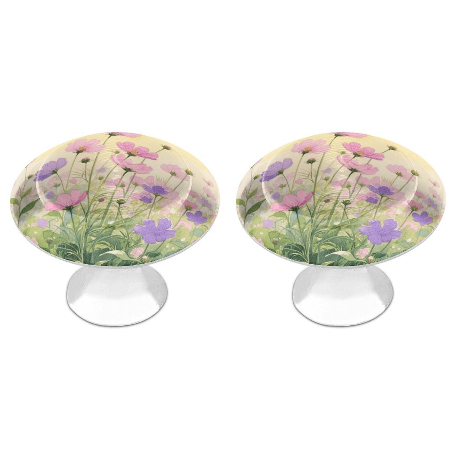 Vstadank Style Pink And Purple Flower Watercolor Drawer Knob Nice Bathroom Cabinet Knob Round Cabinet Pull Stainless Steel Cabinet Handle Circle Drawer Handle Modern Drawer Pull For Wardrobe Cupboard 2 Pcs