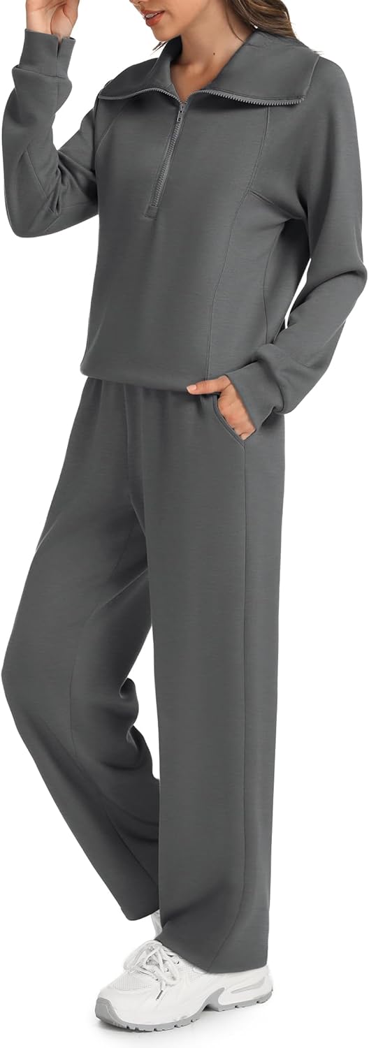 Casly Lamiit Women's 2 Piece Sets Sweatsuit Lapel Half Zip Sweatshirt Sweatpants Lounge Matching Sets Fall Outfits - Image 2