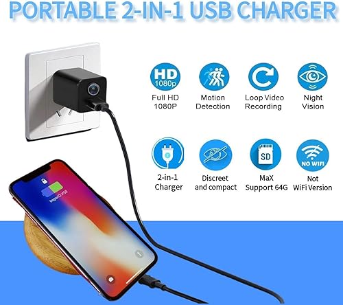 Miniatura 4 de Cargador USB de cámara oculta HD 1080P - Mini cámara espía con tarjeta SD de 64 G, detección de movimiento, grabación de bucle de video de sonido y