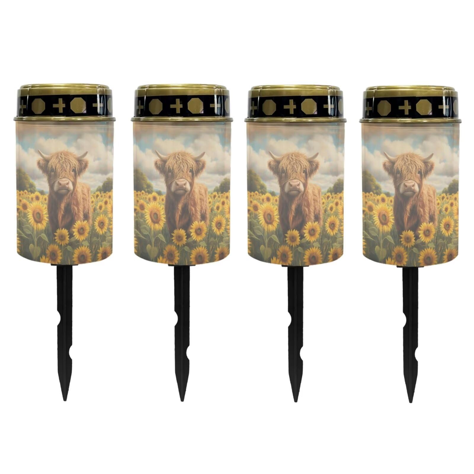 Poceacles 4 PCS Solar Lights Outdoor for Cemetery Grave Decorations, Fake LED Pillar Candles Solar Powered Waterproof Outdoor Stake Lights Grave Markers, Cow Sunflower Field