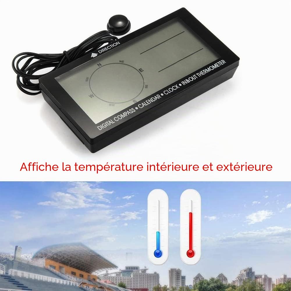 Riloer Thermomètre numérique de voiture noir avec grand écran LCD de 3,9 pouces, rétro-éclairage bleu horloge boussole