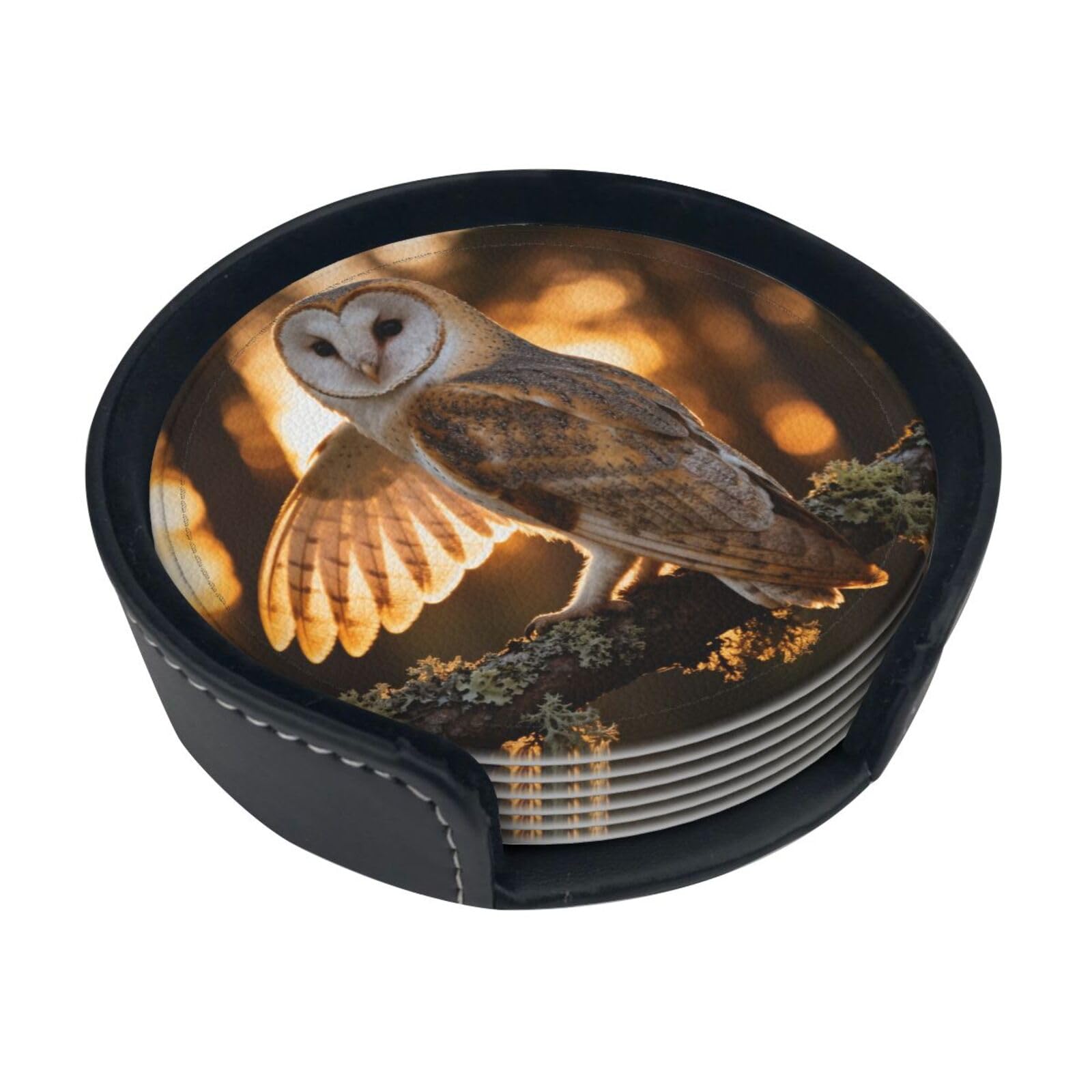 Cntdbu White Barn Owl Leather Coasters Set Of 6-Pu Leather Drink Mats For Table, Heat Resistant Round Coasters With Holder
