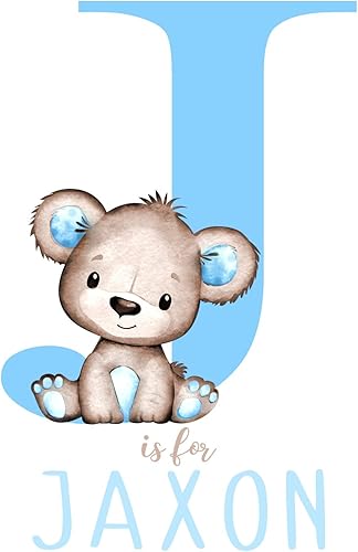 Miniatura 8 de Arte de pared personalizado con diseño de oso de acuarela azul para bebé niño, decoración de guardería, sin marco, monograma inicial de letra con