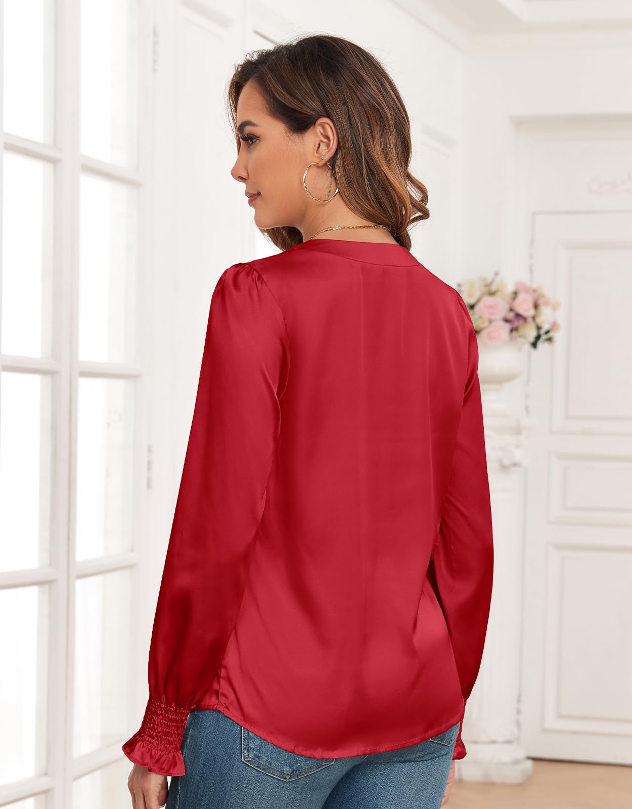 ZAFUL Womens Going Out Satin Tops 2025 Vintage Cute Bow V Neck Silky Blouse Y2K Puff Sleeve Work Shirts