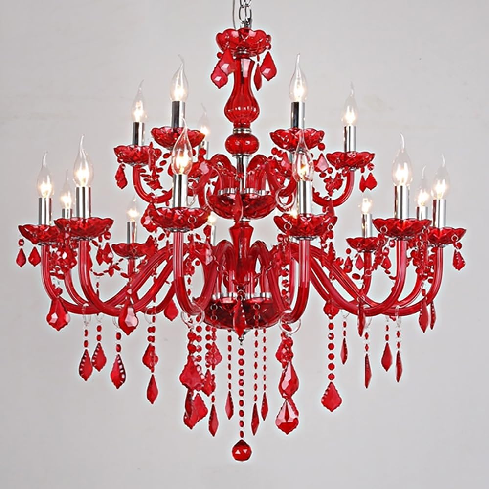European Crystal Candle Red Pendent Lamp Luxury Living Room Restaurant Bedroom Girl's Room Villa Hotel Clothing Store Beauty Salon Cafe Bar KTV Chandelier (B A 18 Lights)
