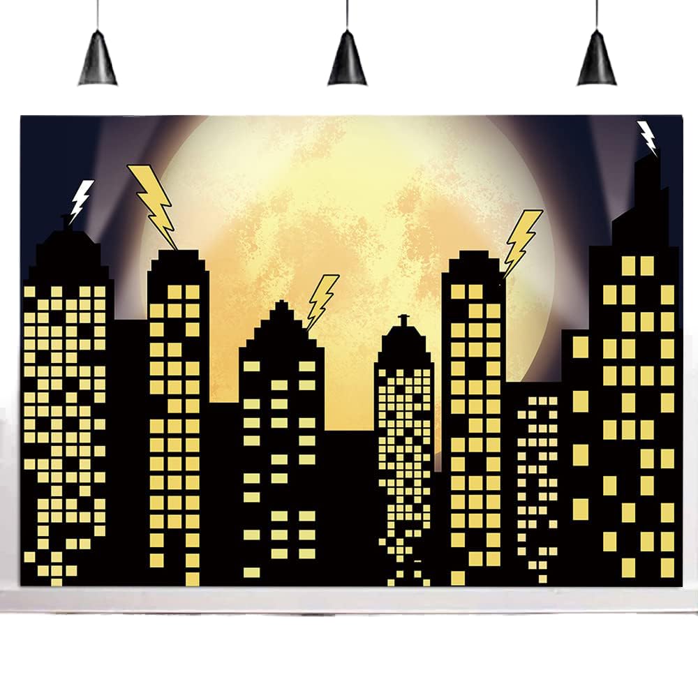 Superhero Super City Photography Backdrops Skyline Buildings City Boom Full Moon Bat Photo Background Children Birthday Party Banner Studio Booth Cake