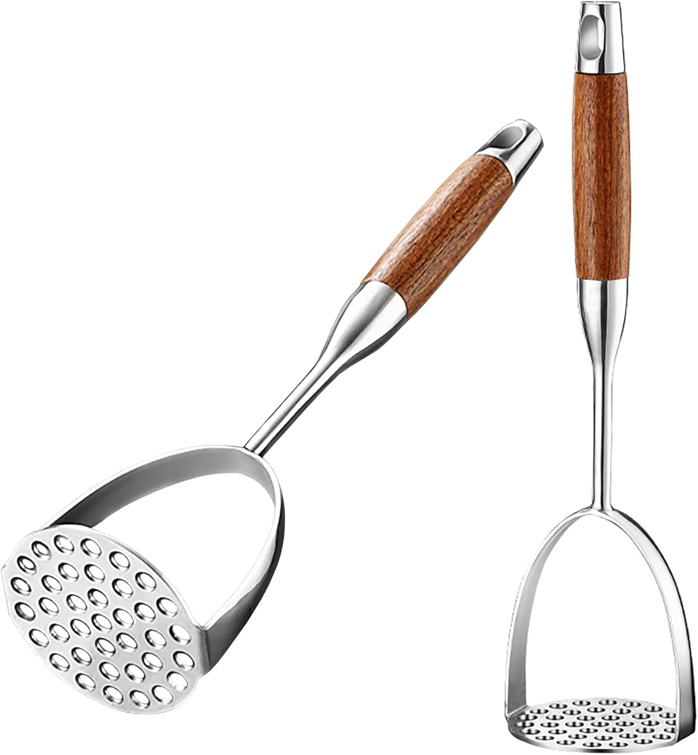 2 pcs Stainless Steel Potato Mashers with Ross Wood Handle (13.8'' x 3.3''), Thicken Garlic Crusher, Large Avocado Mashers for Pressing Carrot, Bananas, Bean, Pumpkin, Fruits