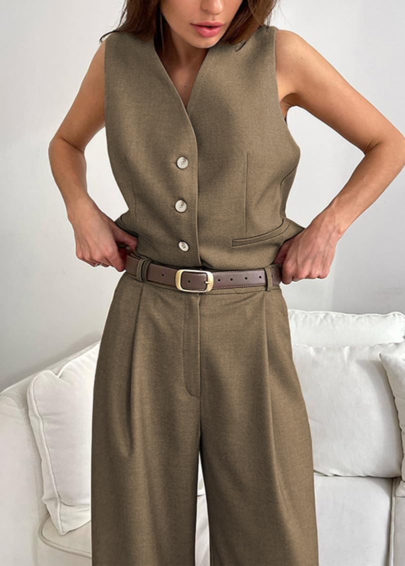 Tailleur Pantalon Femme Chic et Élégant Ensemble 2 Piece Gilet avec Bouton et Pantalon Décontractée Outfit Ete Tailleurs de Coton Costumes de Travail Streetwear