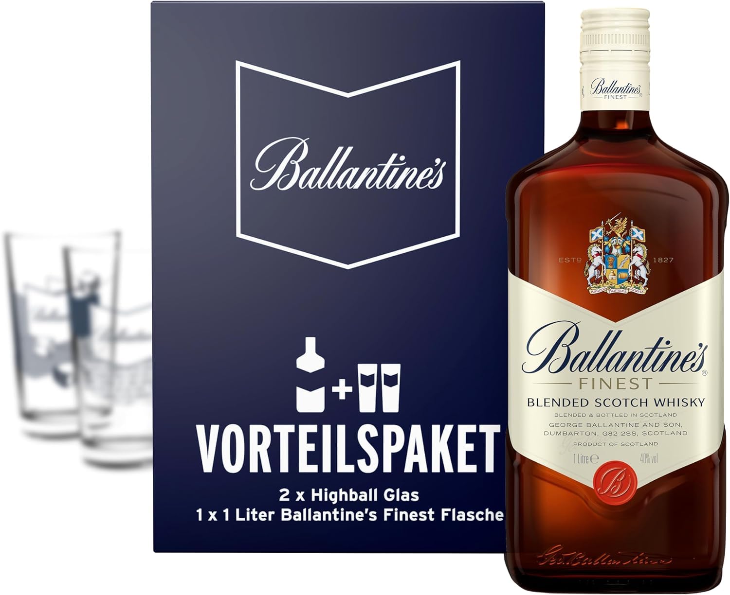 Ballantines Finest Vorteils-Paket, Blended Scotch Whiskey inklusive 2 High-Ball Whiskey-Gläsern, Geschenk-Set, Milder Blend aus Malt und Grain Whiskys, 1L